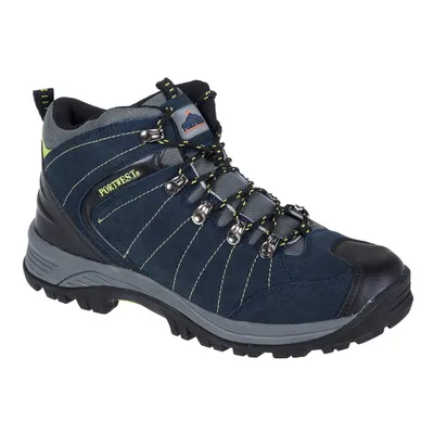 A single navy blue hiking boot is shown against a white background.