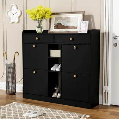 Produktbild von Schuhschrank，Schuhkipper，Schuhablage，Sideboard，Schuhregal，platzsparend，Schuhkommode，Schuhständer，Beistellschrank，mit 4 Klapptüren&2 Schubladen,schwarz