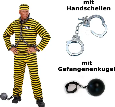 Produktbild von Kostüm Gefangener gelb schwarz Häftling + Handschelle + Gefangenenkugel Set L - 52/54