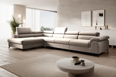 Productafbeelding van Eckbank, slaapbank, bank BASTIEN MAX, bekleed met stof in de kleur "Whisper Beige", met een losse ottomaan aan de linkerkant