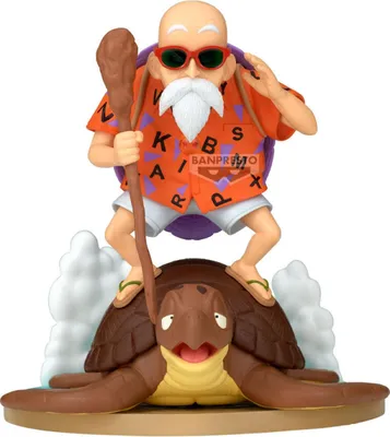 A figurine of Master Roshi riding a turtle.
