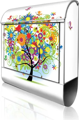 Produktbild von banjado Design Briefkasten Stahl silber mit Zeitungsfach pulverbeschichtet "Märchenzauberbaum" 38x46x12,5cm & 2 Schlüssel - Postkasten A4 Einwurf inkl. Montagematerial [BK 10149]