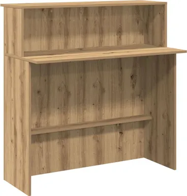 A reception desk with a wood grain finish against a white background.