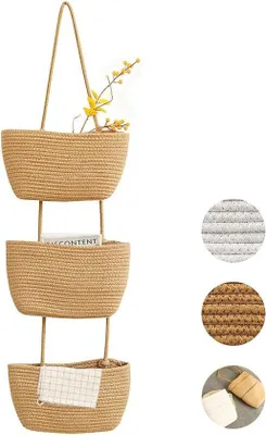 Imagen del producto de Organizador de pared de algodón con 3 compartimentos: soporte de pared que ahorra espacio, ideal para dormitorios y salones, en color camel