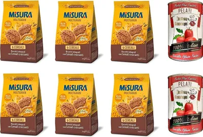 Produktbild von 6x Misura Multigrain 6 cereali Vollkornkekse mit knusprigem Getreide 6 Getreide Kekse 330g + Italian Gourmet 100% italienische geschälte Tomaten dosen 2x 400g