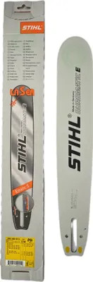A product shot of a chainsaw guide bar and its packaging.
