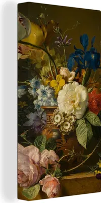 Produktbild von MuchoWow® - Leinwandbilder - Stilleben mit Blumen - Gemälde von G.J.J Van Os, Wandbild, Wanddeko Bilder Wohnzimmer, 40x80 cm