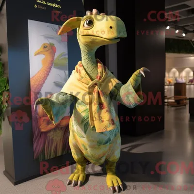 Immagine prodotto di Personaggio mascotte REDBROKOLY di un Parasaurolophus vestito con tutina e spille per lo scialle