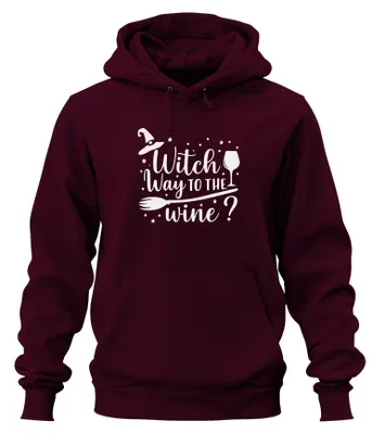 Productafbeelding van Welke kant op naar de wijn? Grappige Halloween-heks, cadeau voor wijnliefhebbers, uni hoodie, bordeauxrood, maat 3XL