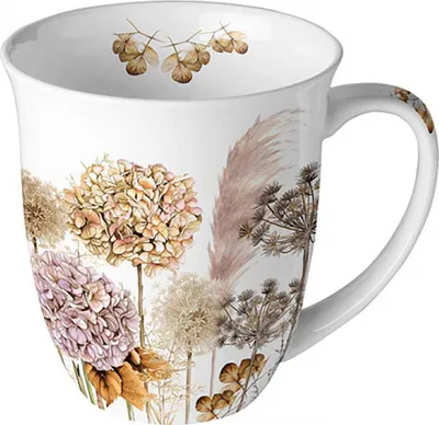 Produktbild von Tasse 10cm Porzellan mit Trockenblumen Motiv Beige / Weiß