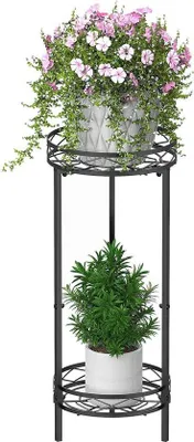 Image de Support de plantes en métal pour l'intérieur - support de fleurs haut à 2 niveaux - 70 x 29 cm - support de pots de fleurs - support de pots de fleurs pour le jardin - la terrasse et la décoration intérieure - noir