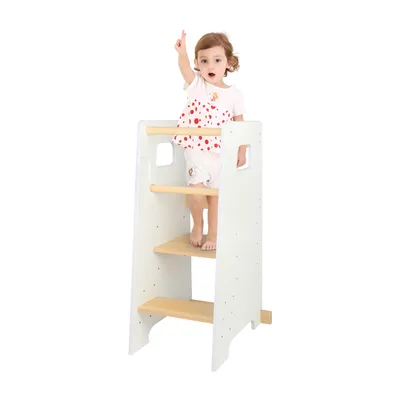 Produktbild von Holz Lernturm Montessori Stehhilfe,Learning Tower,Hocker Küchenhelfer,Lernleiter mit Kippschutz für Kinder ab 1 Jahr 90x42x40cm Weiße Eiche