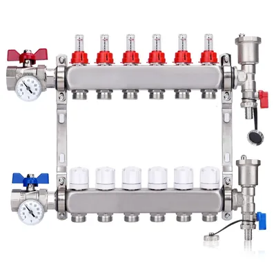 Produktbild von 6 Heizkreise Heizkreisverteiler inkl. 1" Kugelhähne mit Thermometer Entlüfter Flussmesser Durchflussmesser | für Eurokonus 3/4 | Fußbodenheizung HKV