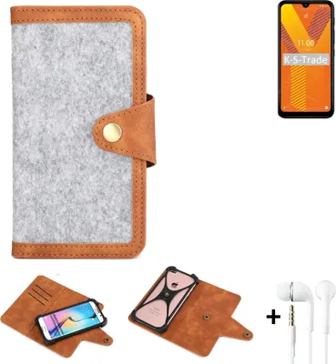 Produktbild von K-S-Trade Handyhülle + Kopfhörer kompatibel mit Wiko Y62 Schutzhülle Filz Hülle Kunstleder hellgrau braun (1x)