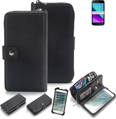 A collage of images showing a black wallet-style phone case with a phone inside, and separate views of the case and a phone.