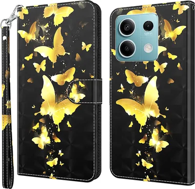 Produktbild von CLM-Tech Handyhülle kompatibel mit Xiaomi Redmi Note 13 5G Hülle - Tasche aus Kunstleder - Klapphülle mit Ständer und Kartenfächern - Schutzhülle Wallet Case Cover Schmetterlinge gold schwarz