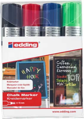 Produktbild von EDDING 4090 chalk - Marker - für Glas, Spiegel, Tafel - Schwarz, Rot, Blau, Neongrün - wasserbasierte Flüssigkreide - 4-15 mm (Packung mit 4)