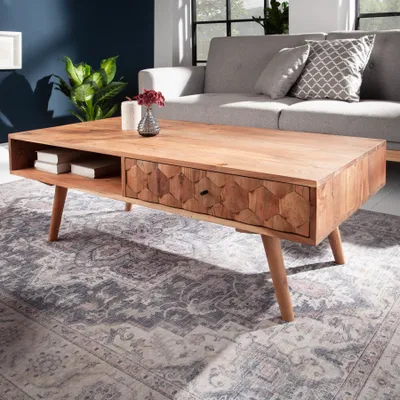 Produktbild von Massivholz Couchtisch MYSTIC LIVING 100cm natur Akazie mit Stauraum Schubladen Ablagefach Beistelltisch Tisch
