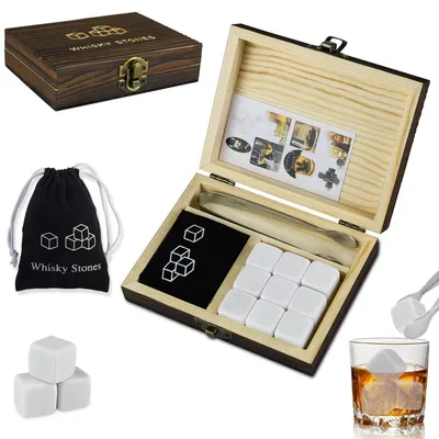 Produktbild von Whiskey Steine Set 9 Wiederverwendbare Kühlsteine mit Zange und Holzbox