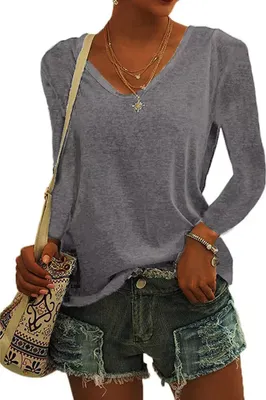 Image de ASKSA Femme Col en V T-shirt Unicolore Manches Longues Hauts Casual Lâches T-shirts Tee Tops, Gris, L