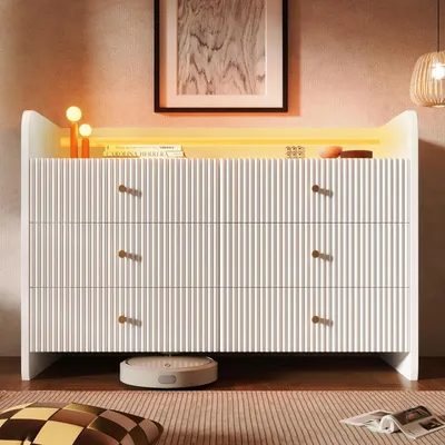Produktbild von Sideboard mit Wellendesign, 6 Schubladen, LED Beleuchtung, 120x40x75cm, Weiß