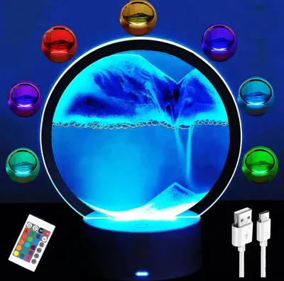 Produktbild von 3D Fließende Sandmalerei Nachtlicht, Sandbild Zum Drehen 3D, Fließende Sand Dekorations Beleuchtung, 360 ° Dreh-Sanduhr Dekoration, RGB Farb-Sand-Set