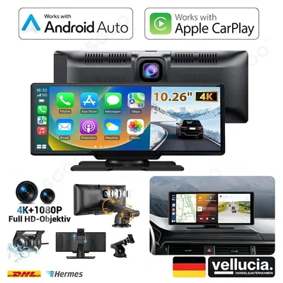 Obrázek produktu pro Autorádio s bezdrátovým CarPlay a Android Auto, dotykový displej 10 palců, palubní kamera 4K (přední), kamera 1080P (zadní), GPS, Bluetooth, Wi-Fi, parkovací režim, cyklické nahrávání, pro osobní automobily
