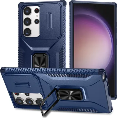 Produktbild von Handyhülle für Samsung Galaxy S23 Ultra Dual Layer Hülle mit Schiebe Kamera Schutz und Ringhalter Ständer Blau