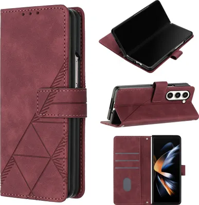 Produktbild von Hülle für Samsung Galaxy Z Fold 5 Prägung Flip Leder Kartenfächer Schutzhülle mit Ständer Rot