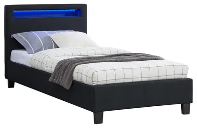 Produktbild von Polsterbett HIMALAYA mit LED Beleuchtung Einzelbett Jugendbett 90x200 cm mit Lattenrahmen, Stoffbezug in schwarz