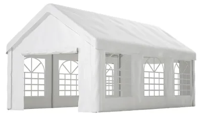 Productafbeelding van Voertuigtentgarage, doorgang mogelijk, weerbestendige constructie, 3x6 meter, wit - PE rietimitatie, ijzer, waterdicht doek