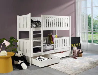 Produktbild von KEF Gabrielle Etagenbett Kinder Holz Kinderbett Holzbett mit Schubladen ohne Matratze Leiter Links Weiß 80x190 cm