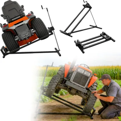 Produktbild von FIVMEN Rasentraktorheber Hebevorrichtung für Aufsitzmäher,Rasenmäher Jack aus Stahl bis max 400 kg,45° Neigung verstellbar,Rasentraktor Hebebühne Teleskopversion für 30% Speichereinsparung,Schwarz