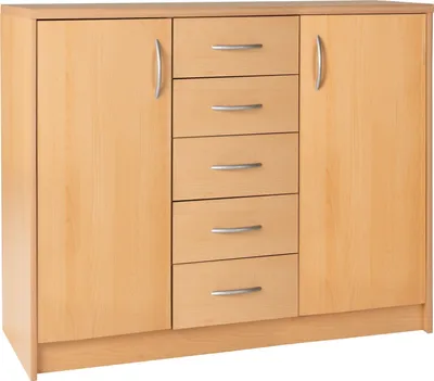 Produktbild von Kommode - Buchedekor - 109 x 86 cm - 2 Türen - 5 Schubladen - 4 Einlegeböden