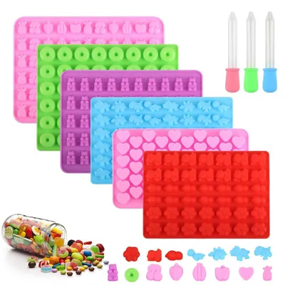 Image de 6 moules en silicone pour bonbons gélifiés, forme d'oursons, antiadhésifs, avec 3 motifs de gouttes