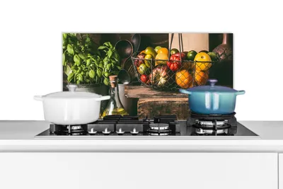 Produktbild von KitchenYeah®  Spritzschutz Küche - Küchenrückwand - Wandschutz für Herd und Spüle - Gemüse - Kräuter - Rustikal - Stilleben - Basilikum 60x30 - Alu-Dibond (Alternative zum Spritzschutz aus Glas) - Hit