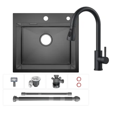 Produktbild von Küchenspüle 50x45 cm mit Hochdruck ausziehbarem Armatur, schwarze edelstahlspüle Set, Spülbecken mit ausziehbarem Wasserhahn, Einbauspüle, Cecipa MAX
