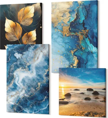 Produktbild von Leinwandbild Set 4-teilig – Modernes Wandbild – Polycanvas Kunstdruck – Abstrakte Bilder – Hochwertige Wandkunst – 2x 40x40 cm + 2x 40x60 cm – Blaue abstrakte Muster