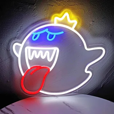 A neon sign shaped like a ghost with a crown, tongue out, and eyes closed, mounted on a textured wall.