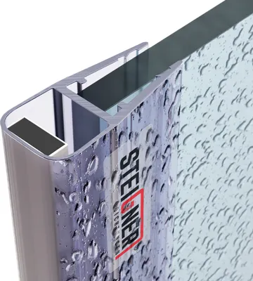 A close-up view of a shower door seal with water droplets on it.