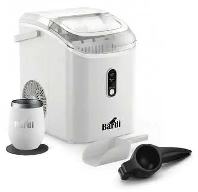 Produktbild von Bardi 1,1 l – Eiswürfelmaschine für runde Nuggets – Crushed Ice-Maschine mit Eisschaufel – 15 kg/24 Stunden – Eiswürfelbereiter – Inklusive r Thermoskanne – Weiß – Schwarze Zitruspresse