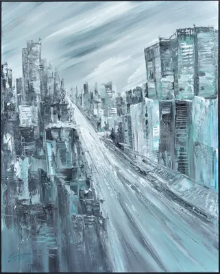 Produktbild von Fine Asianliving Ölgemälde 100% Handgemalt 3D Texture Rahmen Schwarz 120x150cm Stadt Blau