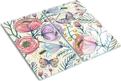 Immagine prodotto di Pannello protettivo in vetro – Copertura per piano cottura – Copertura per piano cottura a induzione – 2x30x52 cm – Facile da pulire – Vetro temperato – Motivi floreali vintage (rose)