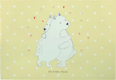 Produktbild von Mr. & Mrs. Panda Schneidebrett Eisbär Umarmen - Gelb Pastell - Geschenk, Glas-Schneidebrett, Vesperplatte, Lustige Sprüche, Servierplatte, Glas Schneideplatte