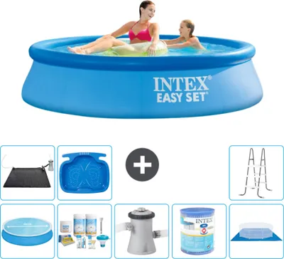 Produktbild von Intex runder aufblasbarer Easy Set-Pool – 244 x 61 cm – Blau – im Lieferumfang enthalten Sonnensegel - Wartungspaket - Filterpumpe für Schwimmbad - Filter - Bodenplane - Solarmatte