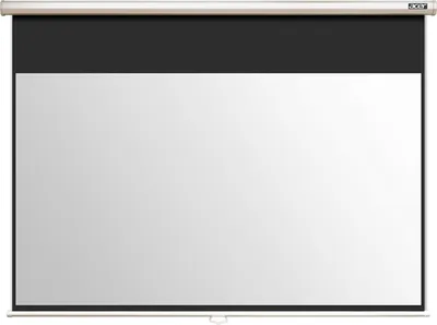 A white projection screen with a black border at the top, mounted on a wall or ceiling.