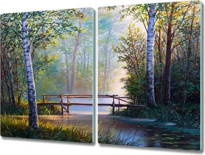 Produktbild von Coloray Herdabdeckplatte 2x40x52 cm Schneidebrett Kochplattenabdeckung Küchenbrett Hackbrett - Wald-Fluss-Brücke Natur
