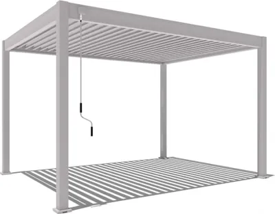 A 3D rendering of a freestanding aluminum pergola with a slatted roof and a crank mechanism.