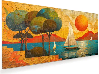 Produktbild von Glasbild 60x30cm in XXL für Wohnzimmer, Schlafzimmer Motiv Segelboot im Sonnenuntergang