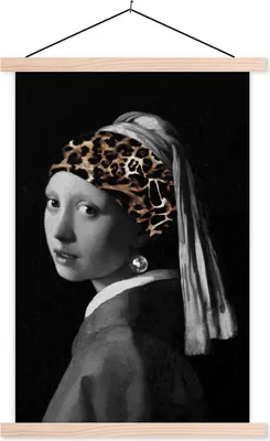 Produktbild von MuchoWow® Textilposter Das Mädchen mit dem Perlenohrring - Johannes Vermeer - Pantherdruck 60x90 cm mit holzfarbenen Rahmen - Textil